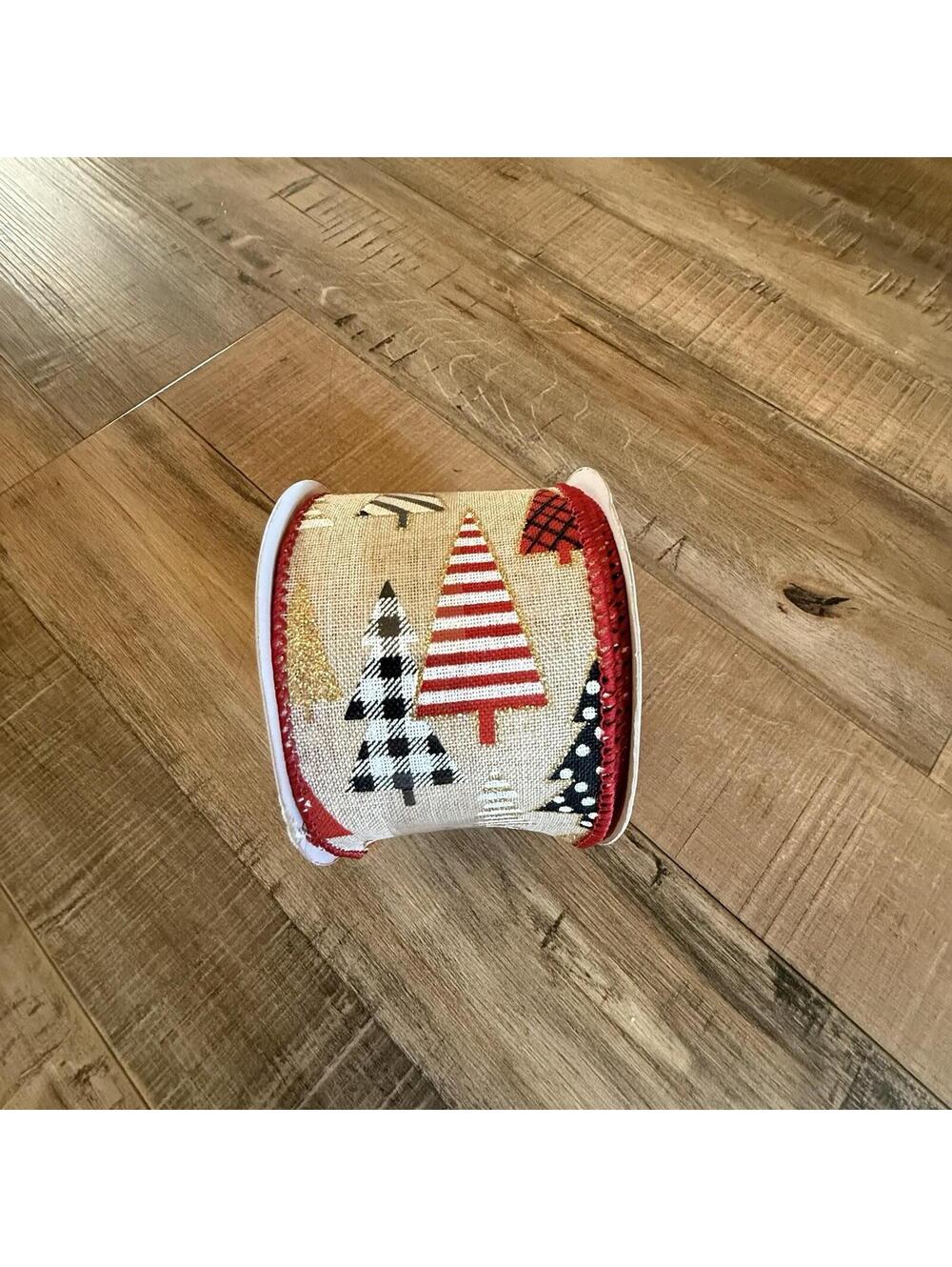 2 1/2” Christmas Plaid And Leopard Trees Wired Ribbon Roll 20 Feet ( 6.66 Yards)